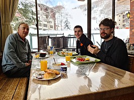Ski Giant, Hasuike, Sun Valley, Maruike, Hoppo Bunadaira, Nishidateyama
Jim, Adrian and Kevin breakfasting at Hotel Alpenburg
Photo: Simon
2024-03-07 07.36.45; '2024 Mar 07 07:36'
Original size: 9,248 x 6,936; 13,217 kB