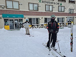 Nishidateyama, Takamagahara, Tanneno Mori Okojo, Ichinose skiing
Jim and Adrian outside Khuls Cafe
Photo: Simon
2024-03-09 14.19.44; '2024 Mar 09 14:19'
Original size: 9,248 x 6,936; 14,948 kB