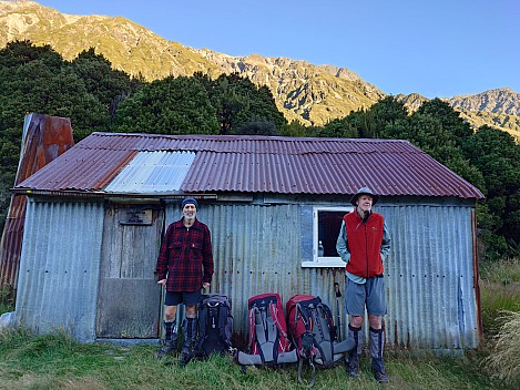 Brian and Bruce ready to leave Urquhart's Hut
Photographer;&nbsp;Simon
2026-03-06&nbsp;08.49.08421;&nbsp;Metadata time: '2026 Mar 06 08:49'
Original size:&nbsp;8,000 x 6,000; 12,045 kB
Filename: 2026-03-06 08.49.08421 Xpr1VII Simon - Brian and Bruce ready to leave Urquhart's Hut.jpeg