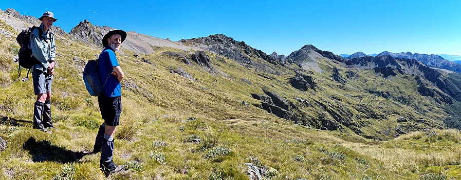 Bruce and Brian and route along Raglan Range
Photographer;&nbsp;Simon
2024-01-30&nbsp;11.18.47;&nbsp;Metadata time: '2024 Jan 30 11:18'
Original size:&nbsp;13,541 x 5,316; 15,167 kB;&nbsp;stitch
Filename: 2024-01-30 11.18.47 S20+ Simon - Bruce and Brian and route along Raglan Range_stitch.jpg