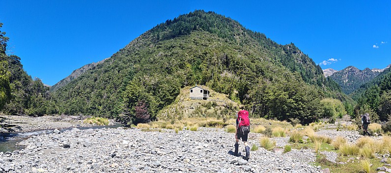 Brian and Bruce arriving at Bottom Misery Hut
Photographer;&nbsp;Simon
2024-01-31&nbsp;13.18.26;&nbsp;Metadata time: '2024 Jan 31 13:18'
Original size:&nbsp;14,670 x 6,487; 21,777 kB;&nbsp;stitch
Filename: 2024-01-31 13.18.26 S20+ Simon - Brian and Bruce arriving at Bottom Misery Hut_stitch.jpg